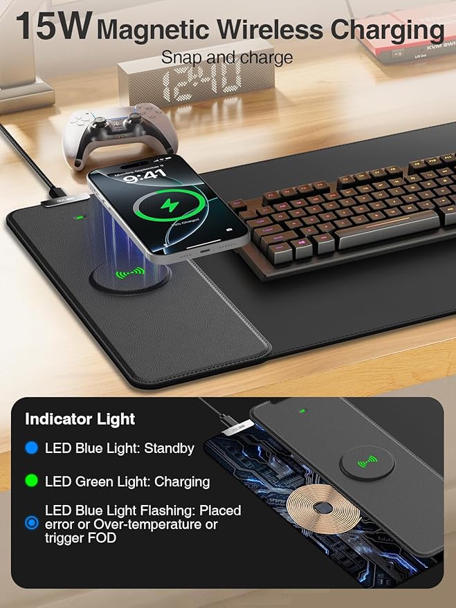 2-in-1 Mouse Pad with Magnetic Wireless Charging, Gaming Mouse Pad, 31.5"x11.8" Large Desk Mat for Laptop/Keyboard, Waterproof Smooth Surface, Non-Slip Base, No Adapter