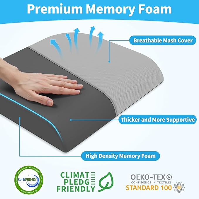 Large Seat Cushion, Memory Foam Cushion for Long Sitting Hours on Office Chair, Home & Car, Non-Slip Chair Pad for Relieving Back & Sciatica & Hip & Coccyx Pain (Light Grey)