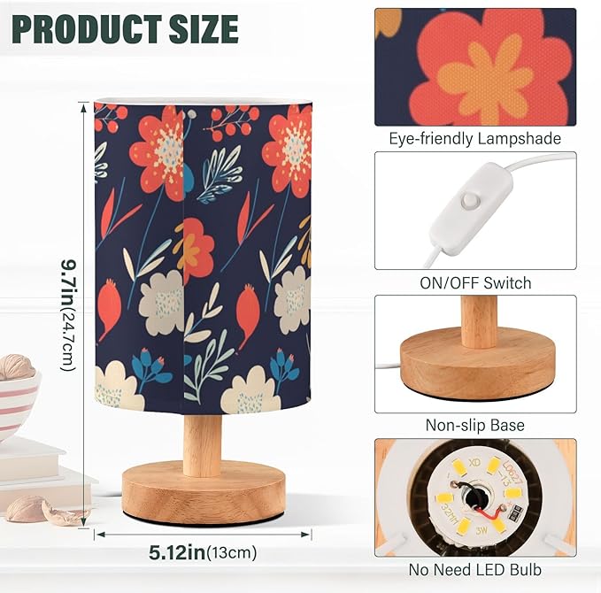 Colorful Floral LED Table Lamp, Bedside Lamp with Linen Lampshade, Flicker-Free Eye Care USB Plug in Nightstand Lamp, for Bedroom and Office