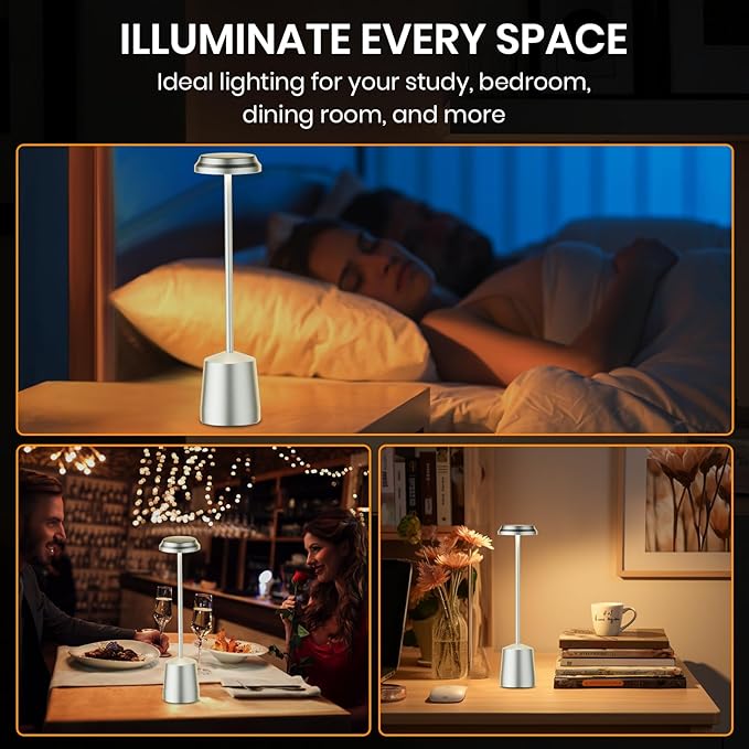 LED Cordless Table Lamps, Portable Rechargeable 5000mAh Battery Operated Table Light, 3 Color Stepless Dimming Touch Control, Desk Lamp for Dinner/Bedroom/Restaurant/Bars/Coffee Shop
