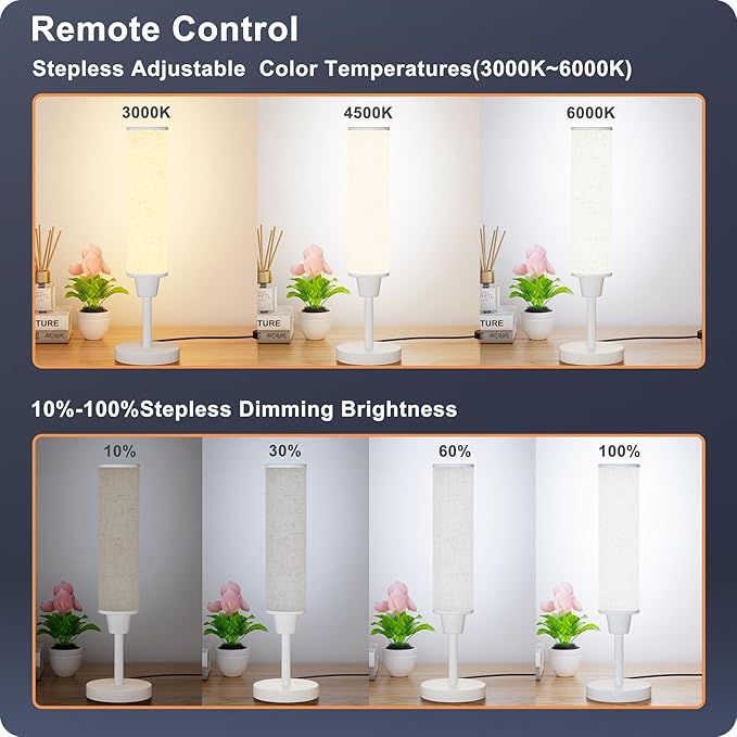 Table Lamp with Remote，Bedside Lamps for Night Stands, Nightstand Lamp with Adjustable Brightness (10%-100%) and Color Temperature (3000k-6000k),Small Lamp for Bedroom (White-Beige Linen)