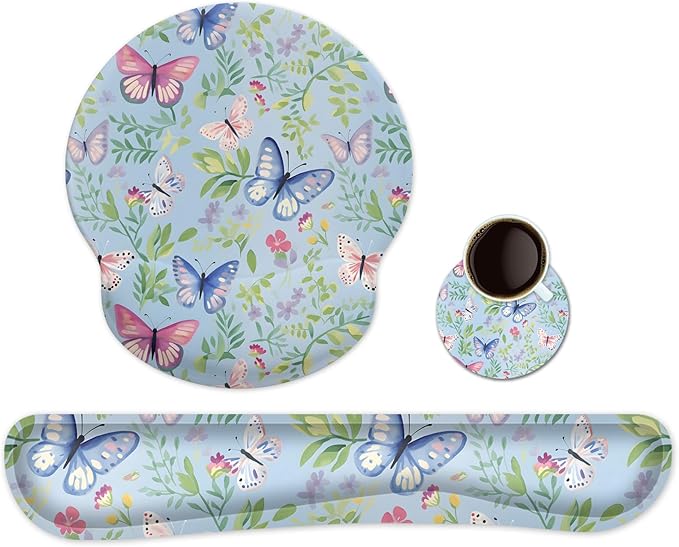 Ergonomic Keyboard Mouse Pad Wrist Rest Support Set for Laptop/Computer/Desktop,Memory Foam Hand Rest Wrist Cushion for Gaming/Office,Lightweight Comfortable (Butterflies)