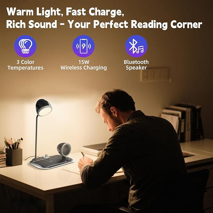 3-in-1 LED Desk Lamp with 15W Wireless Charger & Exclusive Bluetooth Speaker, 360° Gooseneck, 3 Color Modes Dimmable, 800LM CRI 85, Space-Saving for Home Office, Dorm, Bedroom (Black)