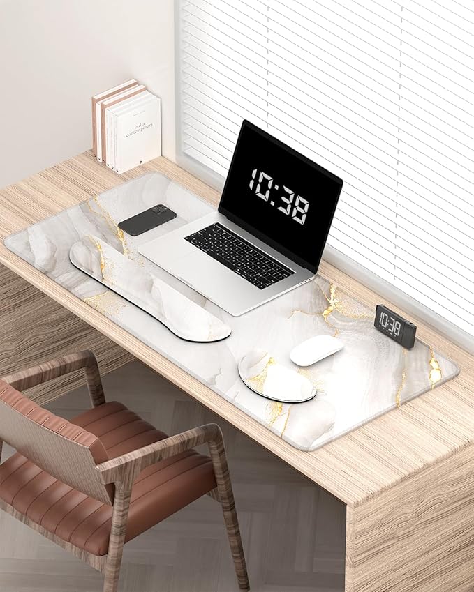 Auhoahsil Large Mouse Pad with Wrist Rests for Keyboard & Mouse, Thick Soft Ergonomic Memory Foam Wrist Supports, Big & Long Desk Mat 35.5 x 15.7 in, for Office Gaming Computer, White Gold Marble