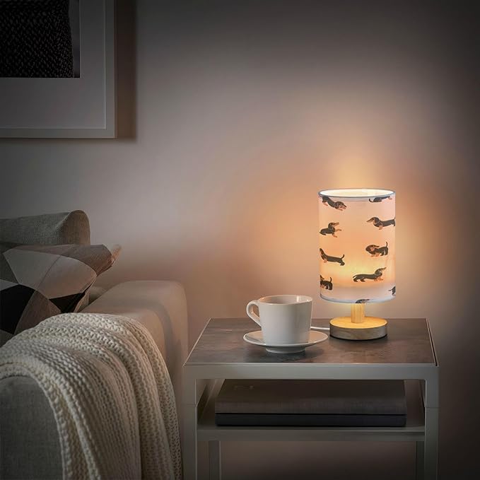 Cute Dachshund Dog Bedside Table Lamp for Bedroom Nightstand, Small Eye Care LED Desk Reading Lamp USB Port Wood Base Round Flaxen Fabric Shade for for Kids Room Living Room Office Desk