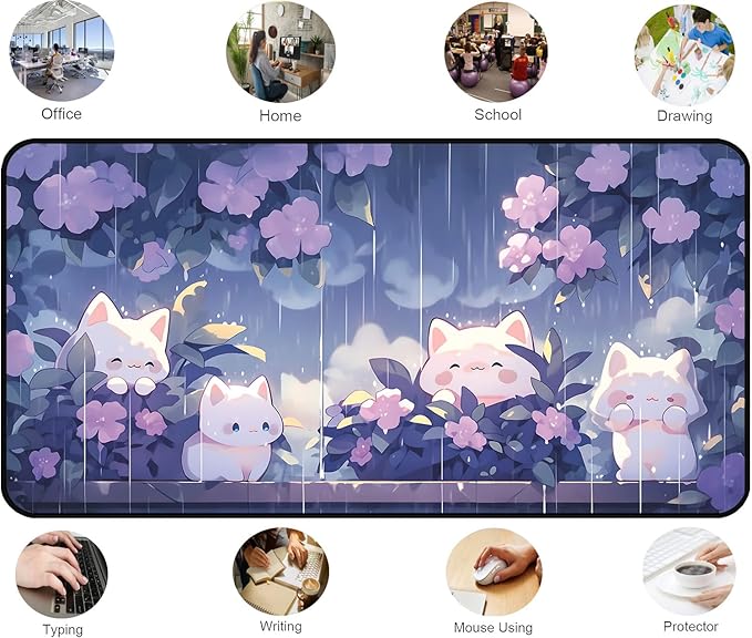 Cute Anime Office Desk Pad, White Cat Rain Keyboard and Mouse Pad XXL, Large Size Game Desk Mat, Purple Flower Laptop Desktop Pad, Women Kawaii Office Home Decoration Accessories 31.5"X15.7"