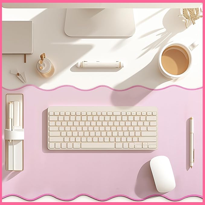 Scalloped Desk Mat Large Scalloped Piping Cute Desk Mat Aesthetic Preppy Table Pad Large Nonslip Pad with Edge Stitching Waterproof Gaming(Pink,36 x 17 Inches)