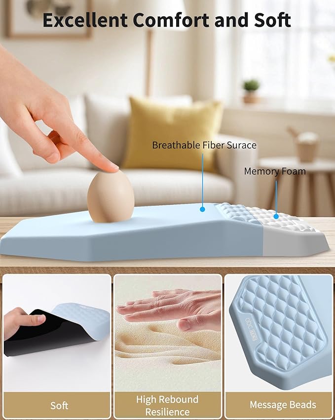 Ergonomic Mouse Pad Wrist Rest Support, Massage Design Surface for Carpal Tunnel, Memory Foam, Non-Slip PU Base for Computer Desk, Sky Blue