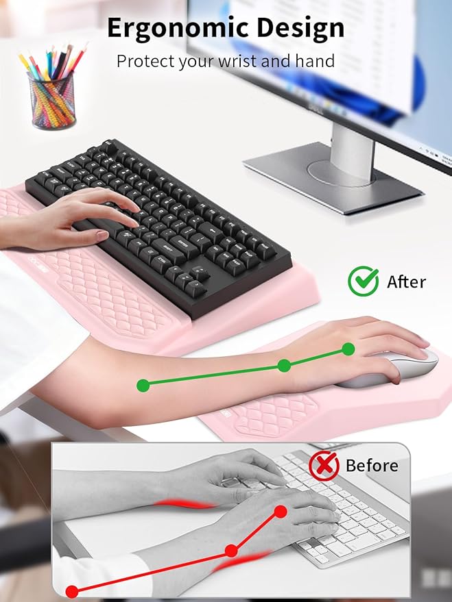 3-in-1 Ergonomic Keyboard Stand with Wrist Rest & Mouse Pad Set, Comfy Keyboard Riser Holder Soft Mousepad with Massage Design, Memory Foam and Non-Slip PU Base for Wrist Support, Pink
