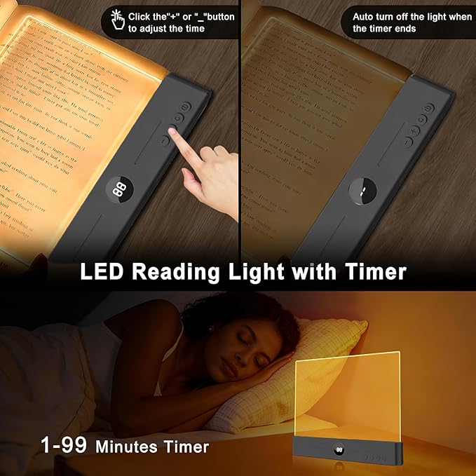 LED Book Light and Night Light 2 in 1, USB Rechargeable Clear Flat Book Light with 3 Colors & Timer, Dimmable Book Lights for Reading at Night, Scratch-Resistant, Eye-Care (Black)