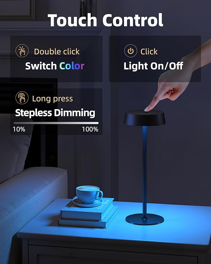Cordless Lamp, RGB, Outdoor Waterproof, Dimmable Touch Control 3 Color Temperature, Battery Operated Portable, LED Memory Function, Rechargeable Table Lamp, Desk Lamp, Patio Dinning Restaurant Kitchen