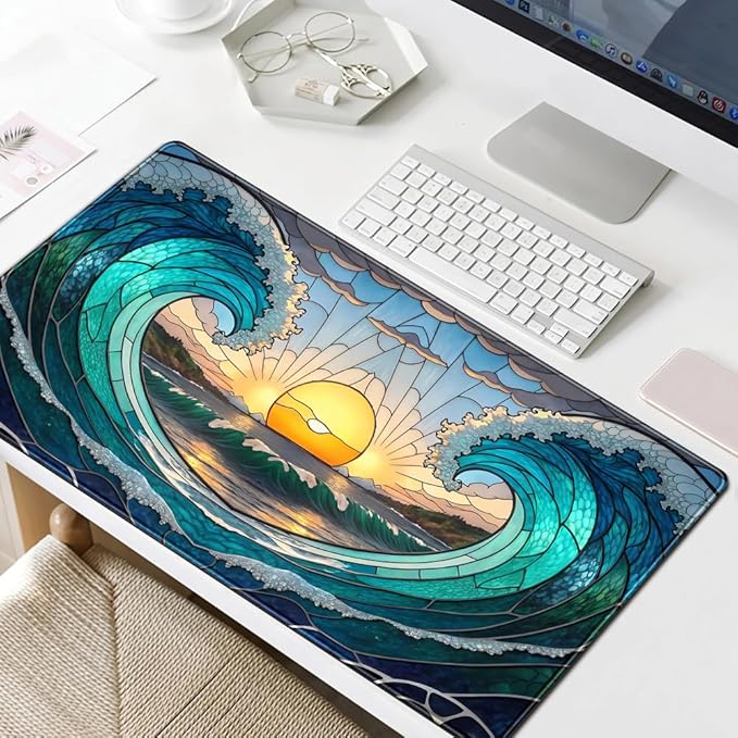 Beach Sunset Desk Mat Cute Large Mouse Keyboard Desk Pad, Aesthetic Cute Gaming Desk Keyboard Mats for Desk Pad Mat, Faux Stained Glass Sunset Mousepad Southwest Landscape Desk Pad 31.5x15.7 in