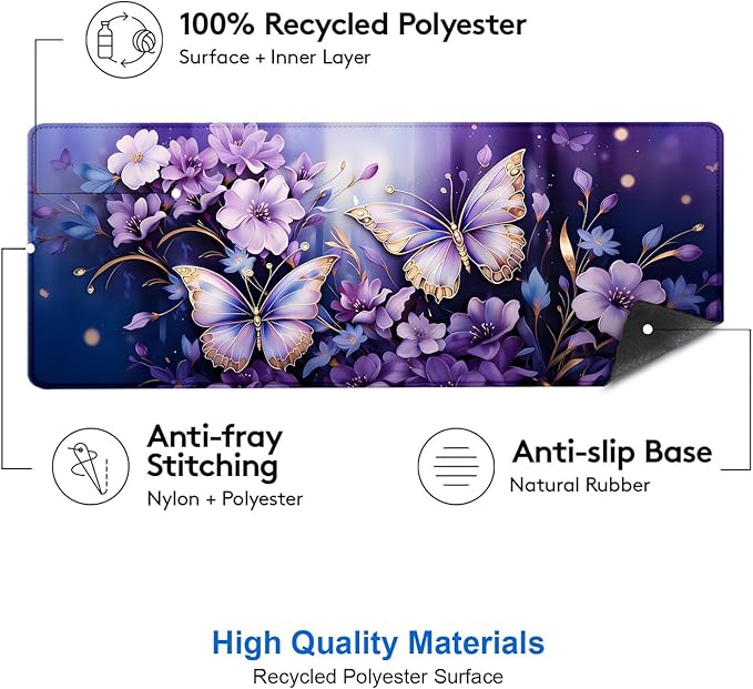 IMAYONDIA Gold Butterfly Desk Pad, Purple Flowers Large Mousepad, Floral Desk Mat, Modern Beutiful Extended Mouse Pads for Laptop, Computer Pad for Women Girls Office, 31.5x11.8 in