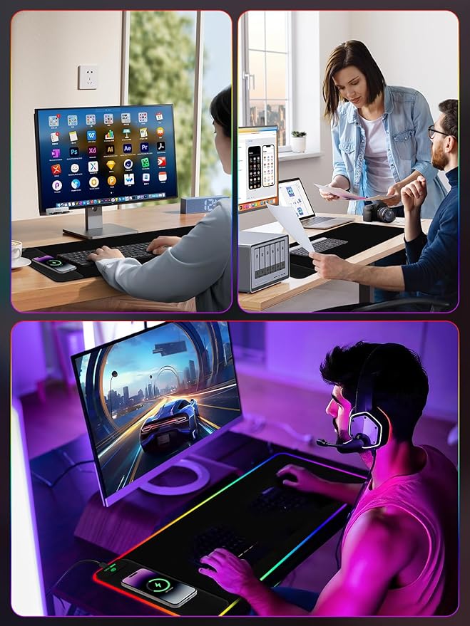 2-in-1 RGB Gaming Mouse Pad with Wireless Charging, 31.5"x11.8" Large, 24 Light Effects, Non-Slip Base, Waterproof Ultra-Smooth Surface, No Adapter