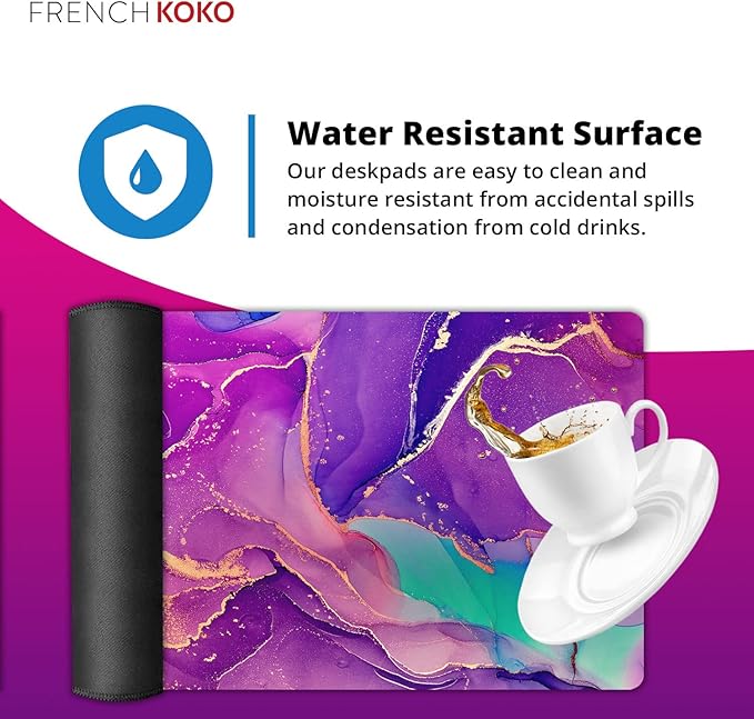 French KOKO Large Mouse Pad, Desk Mat, Keyboard Pad, Desktop Home Office Decor School Essentials College Cute Extended Laptop Protector Accessories Pretty Mousepad Women Girls Big Marble Purple