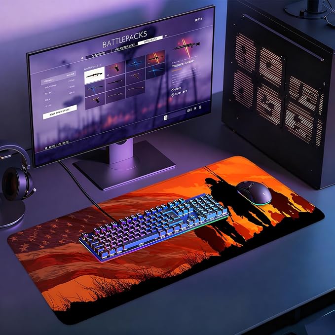 Desk Mat, XXL Extended Gaming Pad for Desktop, 31x12 Inches Patriotic Soldier Silhouette with Flag, Large Non-Slip Vegan Leather Keyboard Mouse Mat for Home Office