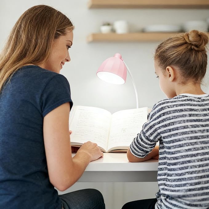 LED Desk Lamp with Night Light, 7 Color Changing Modes & USB Charging Port, Adjustable Gooseneck Bedside Table Lamp for Home Office Study, Gift for Women Students, Pink