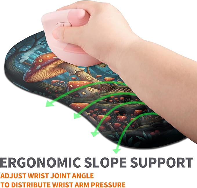 Ergonomic Joint Wrist Support Mouse Pad with Memory Foam Cushion Massage Bump, Carpal Tunnel Mousepad Slope Design for Wrist Rest, 11.8x7.9 in, Mushroom