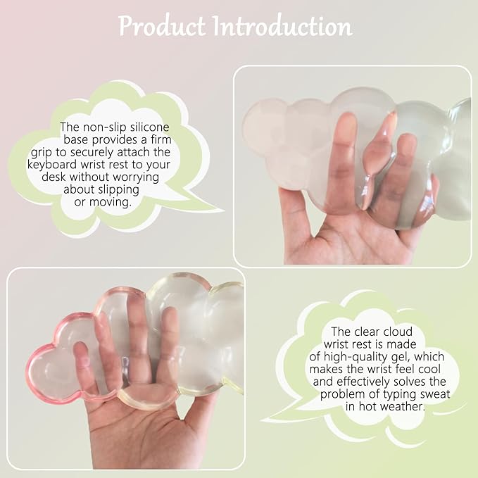 Cloud Keyboard and Mouse Wrist Rest Set Gel Keyboard Wrist Rest for Computer Transparent Ergonomic Mouse Wrist Pad Silicone Non-Slip Cute Clear Wrist Pad Support for Gaming Typing 68%/75% Yellow Pink