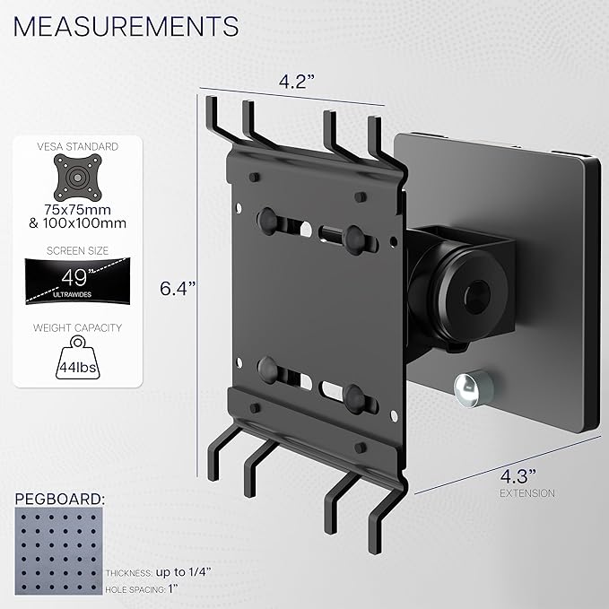 VIVO Articulating Ultrawide Monitor Pegboard Mount, Fits Screens up to 49 inches and Peg Boards up to 0.25 inches Thick with 1 inch Hole Spacing, Black, MOUNT-PB1U
