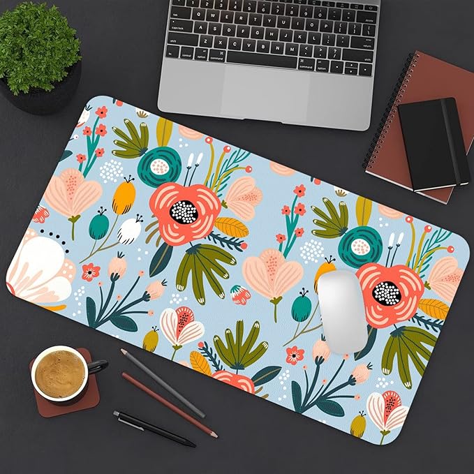 Desk Mat Large Protector Pad 27.5" ×13.8", Non-Slip PU Leather Desk Blotter, Waterproof Mouse Pad for Office Home Blue Floral