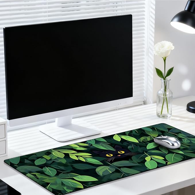 Large Mouse Pad 35.4x15.7 Inch Black Cat Hides Among The Green Leaves Gaming Desk Mat with Non-Slip Rubber Base, Stitched Edges for Gaming,Office