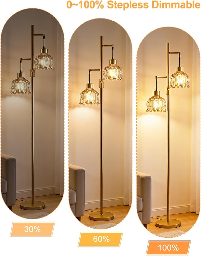 2-Light Gold Floor Lamp for Living Room, 65IN Tall Standing Lamps Dimmable with Brown Glass Lampshade, 3000K Warmwhite Mid Century Modern Floor Lamp for Bedroom/Office/Corner/Sofa Beside