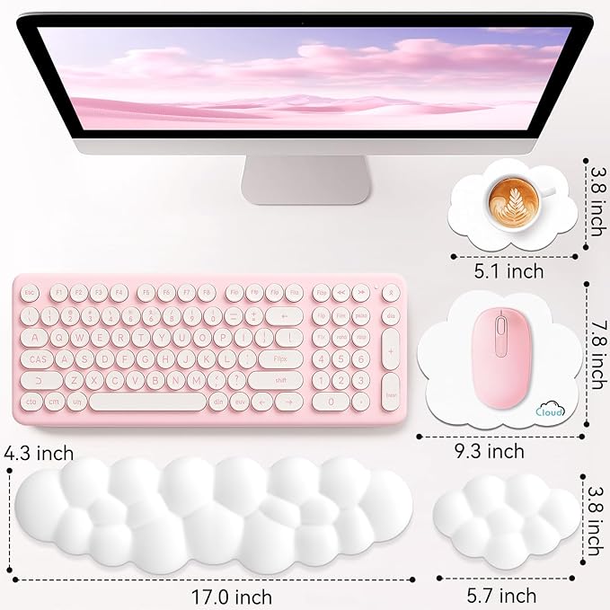 Cloud Wrist Rest for Computer Keyboard, 4-in-1 Memory Foam Leather Cloud Keyboard Wrist Rest and Mouse Pad Set with Ergonomic Support for Arm and Palm Cushion, Gaming/Work Setup, White