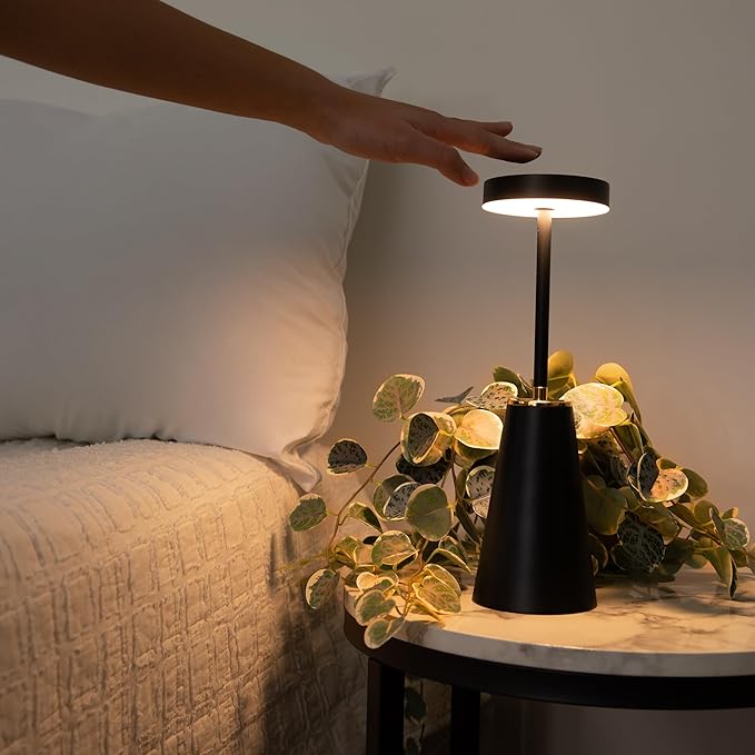 LED Wireless Table Light - USB-C Rechargeable Lamp Cordless - Touch Sensor - Dimmable Portable - 3 Brightness Modes - for Nightstand Restaurant Office Desk Indoor Outdoor - Black