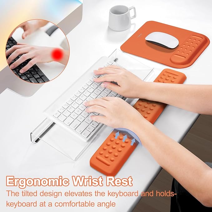 MOSISO Computer Keyboard Stand&Wrist Rest Support for Keyboard &Mouse Pad Set, Ergonomic Massage Wrist Rest Set, Easy Typing Working Acrylic Clear Stand for Office Home, Cosmic Orange