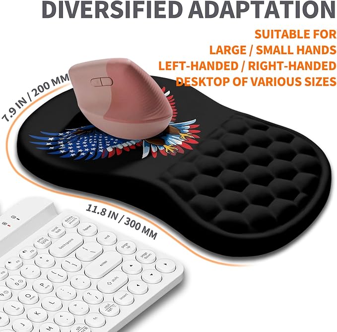 Ergonomic Joint Wrist Support Mouse Pad with Memory Foam Cushion Massage Bump, Carpal Tunnel Mousepad Slope Design for Wrist Rest, 11.8x7.9 in, Eagle Flag