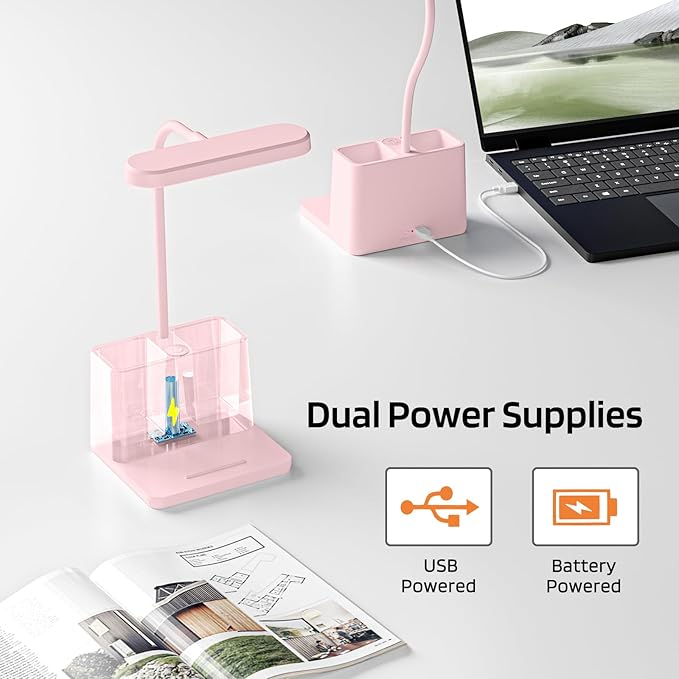 AXX Cute Desk Lamp, Pink Table Light for Women, Teen Girls, Adjustable LED, Small, Rechargeable, Battery Operated, Touch Control, Gooseneck, Home Office Accessories, College Dorm Essentials