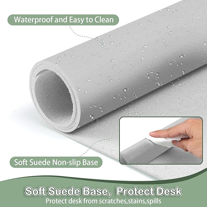Boutilon Leather Desk Pad Protector,Non-Slip Mouse Pad,Laptop Desk Pad,Office Mouse Mat,Waterproof Leather Desk Blotter,Desk Writing Pad for Office and Home (M-Silver,30"x14")