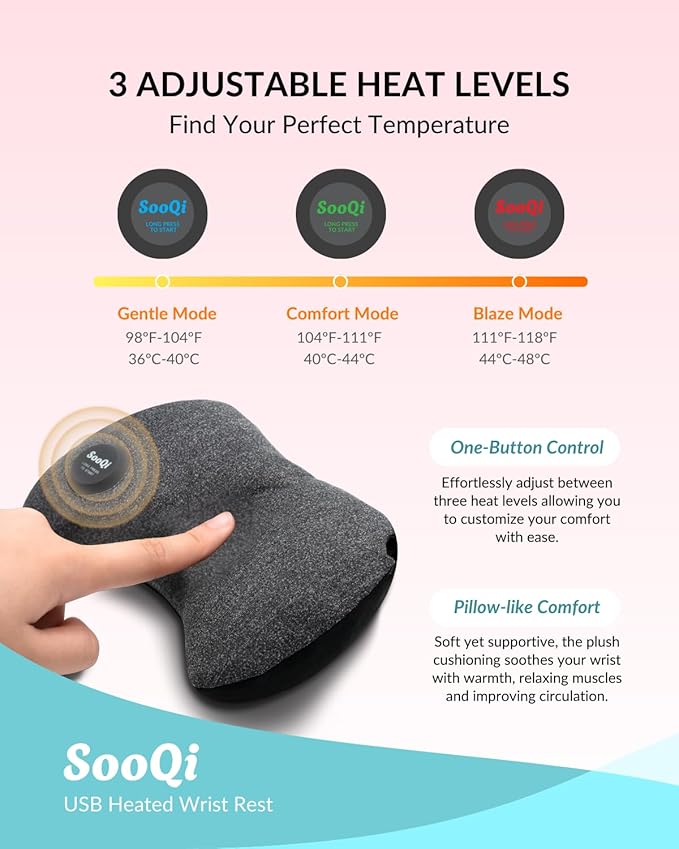 USB Heated Wrist Rest for Mouse, Dual-Sided Design with Warm Heat & Cooling Beads for Pain & Fatigue Relief, Ergonomic Support for Office Work, Home, PC & Laptop Gaming