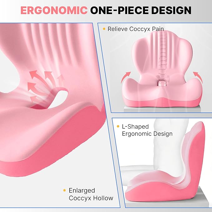Ergonomic Seat Cushion, Office Chair Seat Cushions with L-Shaped Integrated Design, Memory Foam Orthopedic Cushion with Coccyx Hollow, Lumbar Support & Tailbone Support for Long Sitting (Pink)