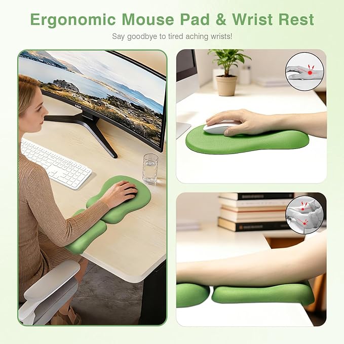 Ospelelf Mouse Pad with Wrist Rest Set Foam L-Shaped Desk Elbow Pad Ergonomic Desk Edge Cushion Anti-Slip Rubber Bottom Office Women Desk Accessories for Computer, Laptop and Gaming, Dark Green