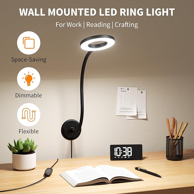 Wall Mounted Lamp, Reading Light for Book in Bed at Night, Shadowless LED Lamp for Workbench Bedroom Bedside Headboard, Eye Care 5 Color & Brightness Adjustable, 360 Flexible Gooseneck, Black