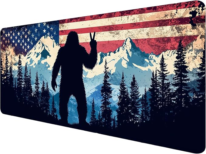 American Flag Bigfoot Desk Mat Forest Mountain Extended Gaming Mouse Pad Mat with Stitched Edge Non-Slip Base Big Mouse Pad Office Computer Keyboard Laptop Home 35.4"x15.7"