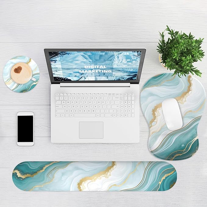 Ergonomic Mouse Pad with Wrist Rest and Keyboard Wrist Rest, Gel Mousepad and Wrist Rest for Computer Keyboard, Non-Slip PU Base, Mouse Pad Wrist Support for Gaming, Blue Green Marble