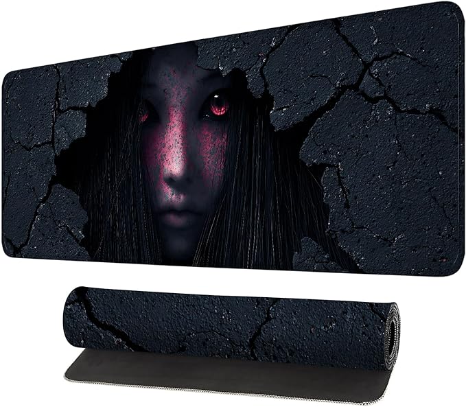 Desk Mat, XXL Extended Gaming Pad for Desktop, 35x16 Inches Horror Theme Figure Breaking Through Wall, Large Non-Slip Vegan Leather Surface with Stitched Edges, Keyboard Mouse Mat for Home Office