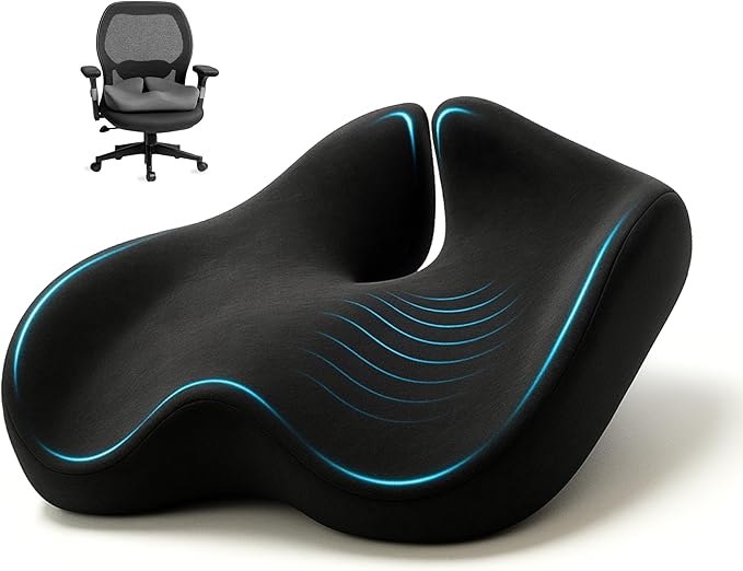 Ergonomic Seat Cushion for Coccyx & Tailbone Support – Extra Large Memory Foam Office Chair Cushion for Long Sitting, Orthopedic Coccyx Cushion for Desk Chair, Car & Wheelchair (Black)