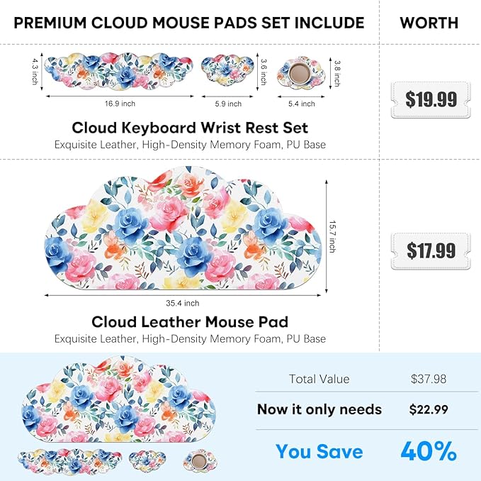 JIKIOU Large Cloud Mouse Pad Waterproof with Cloud Keyboard Wrist Pad and Cloud Mouse Wrist Pad Set, Ergonomic Computer Desk Wrist Support Mousepad for Keyboard and Mouse 35.4x15.7in Colored Rose