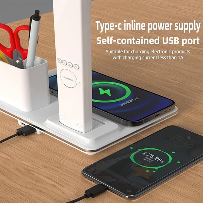 Multi-Function Desk Lamp with Display&15W Wireless Charger,3 Color Temperatures,Touch Control,Foldable Design,Built-in Clock,Calendar,Thermometer,Alarm,HYT1771 White.