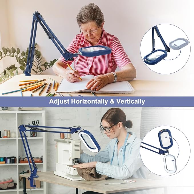 10X Large Magnifying Glass with Light and Clamp, Real Glass, 5 Color Modes, Stepless Dimmable, Lighted Magnifier with Stand Hands Free, LED Swing Arm Desk Lamp for Close Work, Craft, Reading - Blue