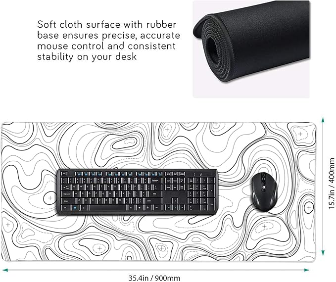 Large Gaming Mouse Pad White Topographic Contour Mouse Pad with Stitched Edges & Nonslip Rubber Base Extended XXL Long Mousepad Big Desk Mat for Company Office Work, 35.4 x 15.7 in