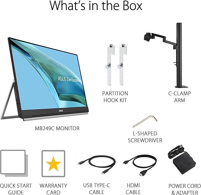 ASUS ZenScreen 24” (23.8” viewable) 1080P Portable USB-C Monitor (MB249C) - FHD, IPS, Eye Care, Speakers, Multi-Stand Design, Kickstand, C-clamp Arm, Partition Hook, Carrying Handle, WFH Monitor