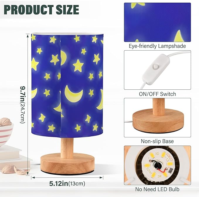 Moon LED Table Lamp, Bedside Lamp with Linen Lampshade, Flicker-Free Eye Care USB Plug in Nightstand Lamp, for Bedroom and Office