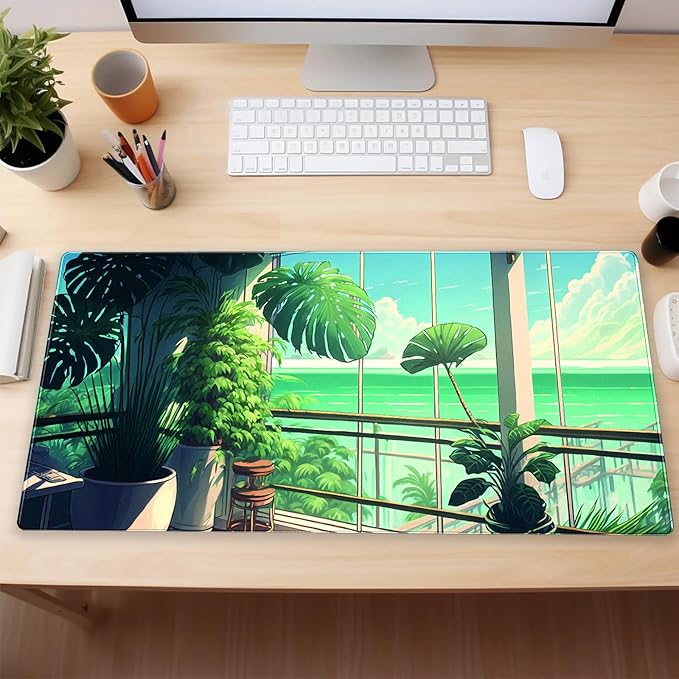XL Desk Pad Mat, Extended Gaming Mousepad 31.5 x 15.7 in, Non-Slip Computer Mat with Stitched Edges, Green Tropical Plants Design for Desk, Keyboard & Mouse