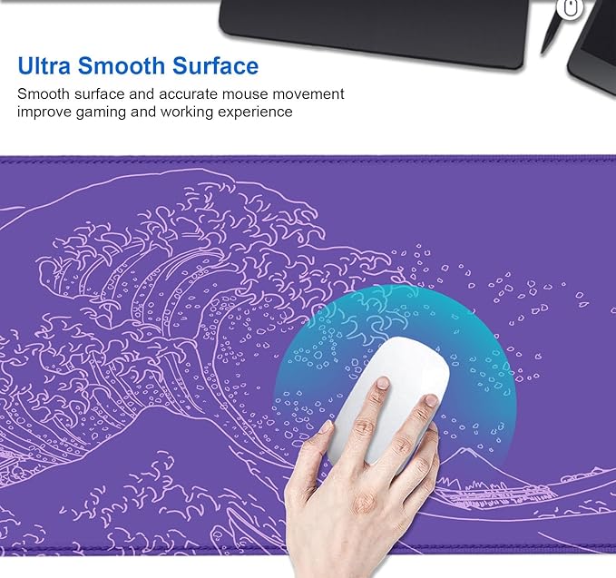 IMAYONDIA Great Wave Large Gaming Mouse Pad, Purple Minimalist Japanese Desk Mat, Gamer Aesthetic Extended Mousepad Cute, Non-Slip Rubber Base Lilac Desk Pad for Office- 31.5 X 11.8 Inch