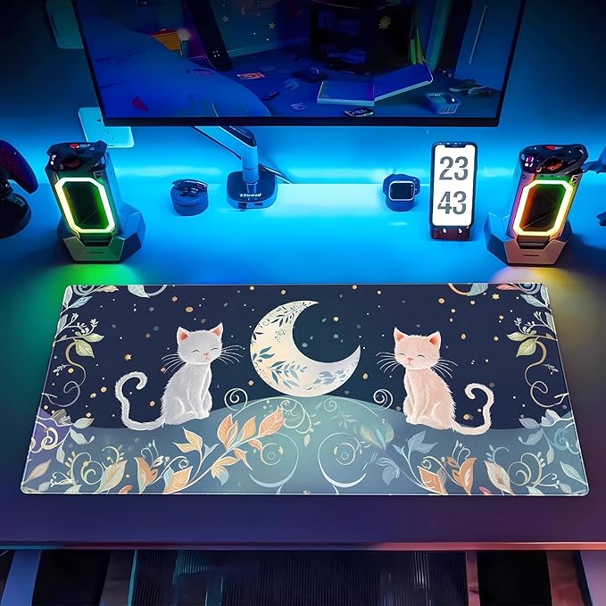 XL Desk Mat Large Gaming Mousepad with Cute Cat & Moon Design, Boho Plants & Nature Pattern, Non-Slip, Stitched Edges, for Keyboard and Mouse, 31.5 x 15.7 in